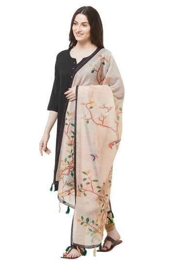 Beige Nature Print Chanderi Silk Dupatta